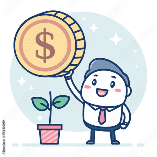 Cartoon businessman placing a large gold dollar coin above a growing plant in a pot, symbolizing investment and financial growth.
