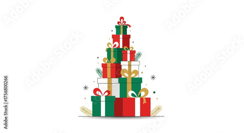 Festive stack of colorful gift boxes arranged in a Christmas tree shape.