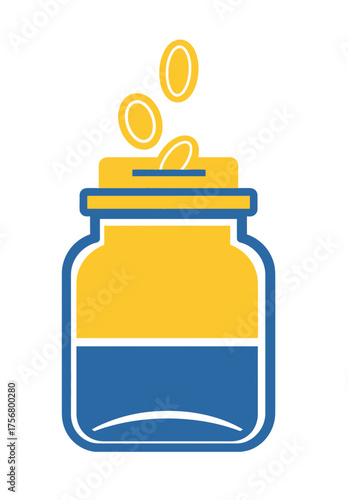 Donation icon Jar with coins falling, vector illustration, blue and yellow