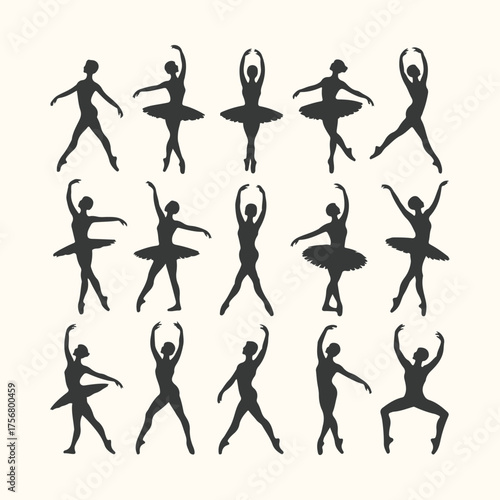 Vector art of collection of ballet dancer silhouettes in various poses, isolated on a light cream background