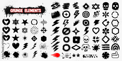Collection of grunge style icons and symbols featuring hearts stars skulls lightning bolts and splatter effects