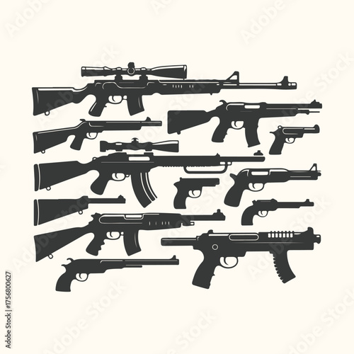 Vector art of collection of various firearms including rifles, shotguns, and handguns, isolated on a plain background