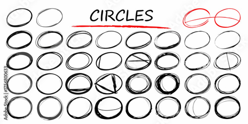 Collection of hand drawn circles and ellipses in black and red with the word circles written above