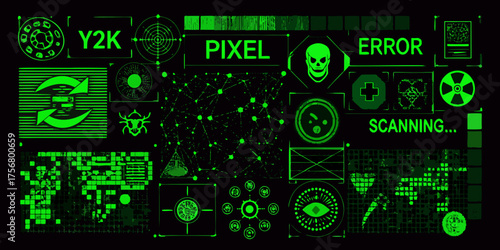 Futuristic digital interface with y2k bug pixel error scanning skull and radiation symbols
