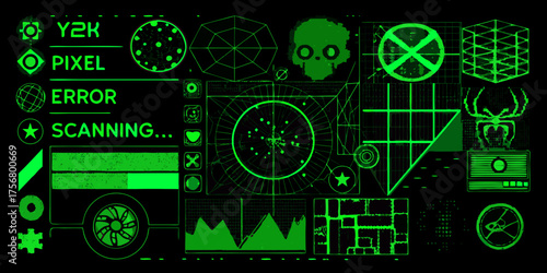 Retro y2k pixel art interface with scanning data and error messages in neon green