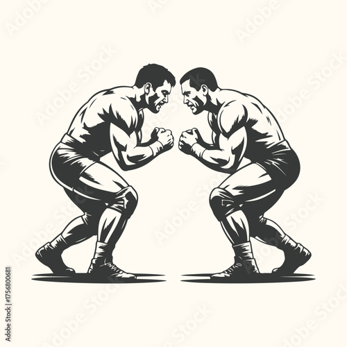 Vector art of two wrestlers facing each other in a wrestling stance, ready to compete