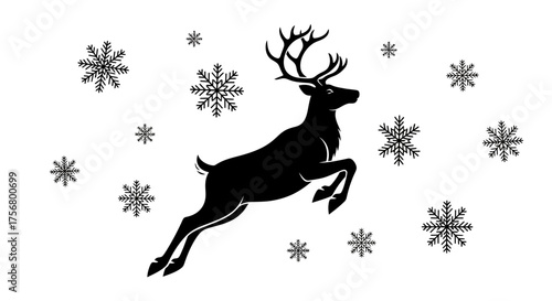 Elegant black silhouette of a majestic leaping reindeer.