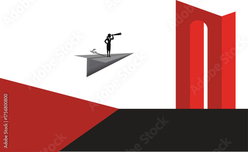 Visionary Journey Illustration – Person and Dog on Paper Airplane Flying Toward Red Portal