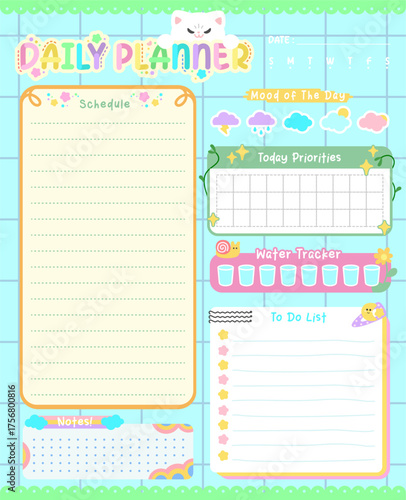 daily planner design page with water tracker and mood bullet frame