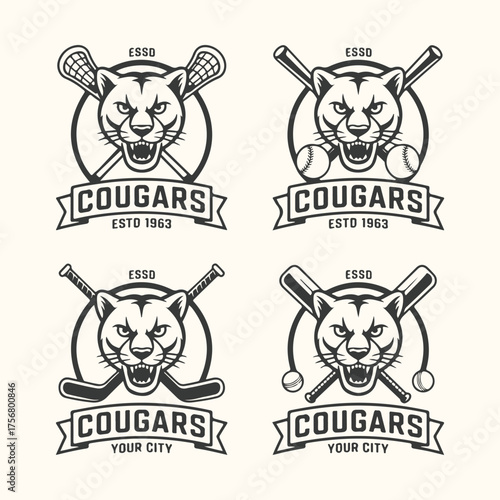 Vector art of set of four cougar sports emblems with lacrosse stick, baseball bat, and hockey stick