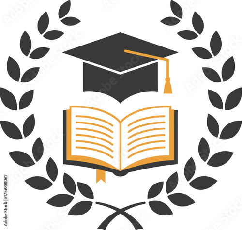 Academic achievement emblem graduation cap open book laurel wreath symbol of knowledge and success isolated on transparent background Vector