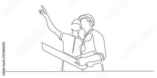 Continuous line illustration of two engineers discussing a construction plan, symbolizing teamwork and architecture. One line drawing of architects holding a blueprint, minimalist design concept.