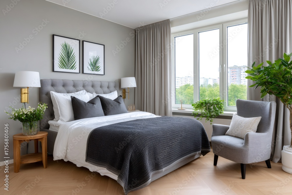 Fototapeta premium Modern gray bedroom interior with Scandinavian design elements