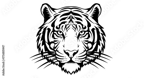 Majestic Tiger Head Staring Directly Forward in Detailed Black and White Illustration.