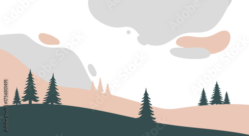 Evergreen trees stand tall on a serene landscape under a cloudy sky.