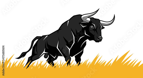 Powerful Black Bull Charging Forward in a Field.