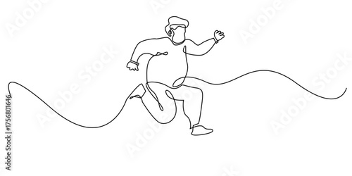 Continuous line of a chubby man jumping energetically. One line drawing of an overweight person in motion, symbolizing joy, freedom, and body positivity.