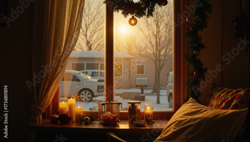 Warm Christmas home ambiance with candles, tree lights, fireplace glow, and festive winter charm.