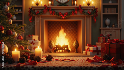 Warm Christmas home ambiance with candles, tree lights, fireplace glow, and festive winter charm.