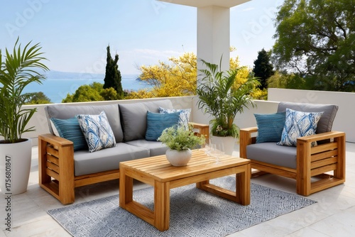 Outdoor patio furniture set with ocean view