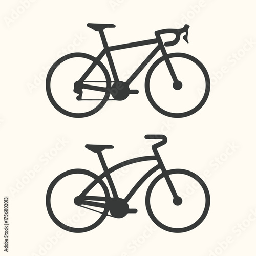 Vector art of two black bicycle silhouettes, one road bike and one mountain bike, against a light cream background