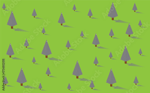 Minimalist Isometric Forest Landscape with Stylized Pine Trees on Green Background