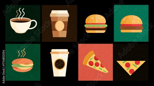 Retro Flat-Design Food Icons: Coffee, Burgers, Pizza; Vintage Style, Appetizing Mood