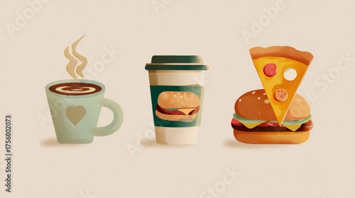 Warm Coffee, Burger, and Pizza Slice:  Retro-Styled Food Illustration