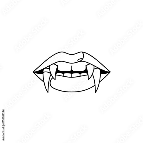 A minimalist line art illustration depicts a pair of open lips revealing sharp, elongated vampire fangs, evoking themes of Halloween, horror, and gothic fantasy.