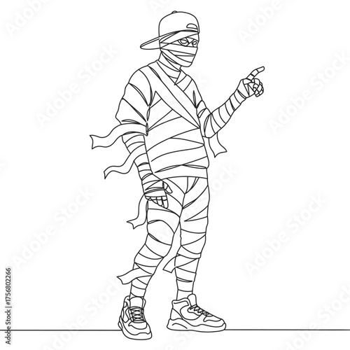 A modern urban mummy character wearing a backwards cap and sneakers, pointing confidently in a stylish line art illustration.