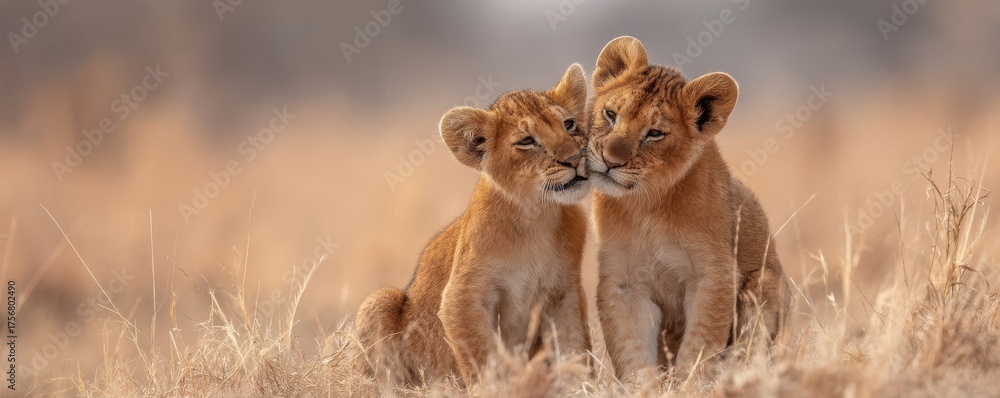Obraz premium Lion cups sibling concept shows Two young lions cuddle together in a golden grassland setting, exuding warmth and playfulness.