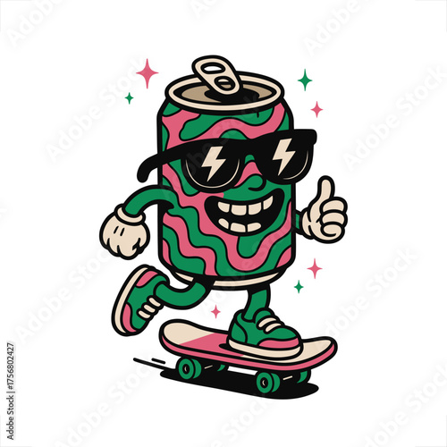 Skateboarding soda can character with retro cartoon illustration style