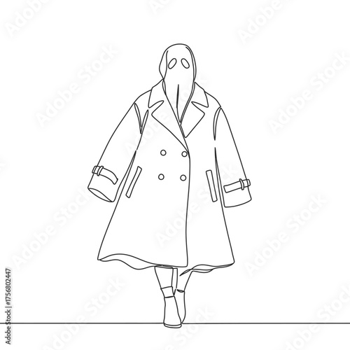 A mysterious figure adorned in a classic trench coat with an abstract, ghost-like head, depicted in a contemporary minimalist line art style.