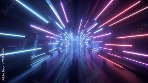 Abstract Neon Tunnel: Futuristic Pink and Blue Glowing Lines, Reflective Surface, Modern Sci-Fi Vibe.