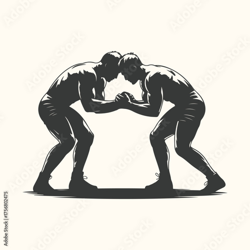 Vector art of two wrestlers facing each other in a silhouette, locked in a grapple, ready to compete