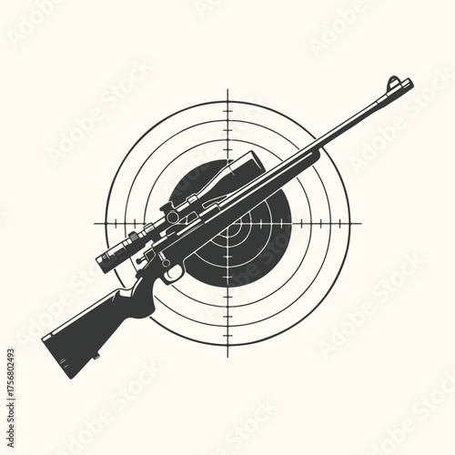 Vector art of a sniper rifle with a scope is placed diagonally over a target, symbolizing precision and aim