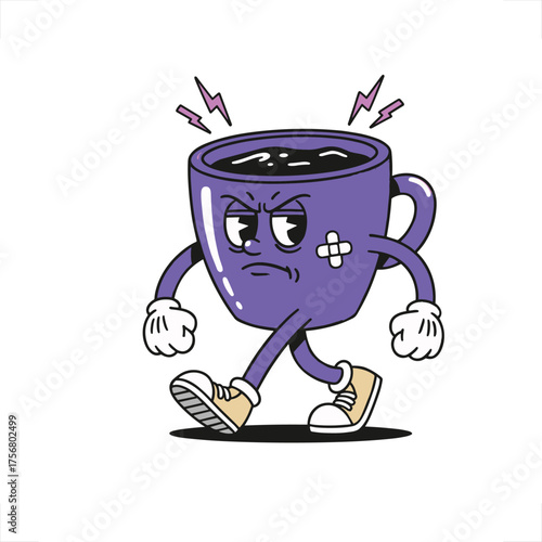 Angry coffee mug character with retro cartoon illustration style. purple Mug vintage illustration 