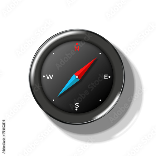 Realistic magnetic compass of a with a black circular casing detailed 3d vector illustration, red and blue needle, guidance and travel navigation concepts.