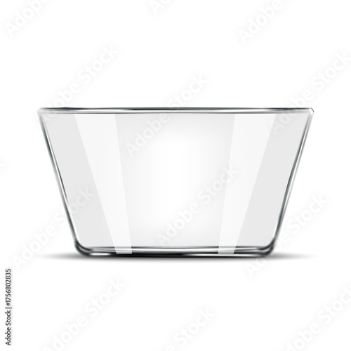 Empty transparent glass bowl realistic 3d vector presentation mockup front view isolated on white with blank space and shadows for food, salad, soup, or dessert.