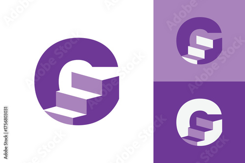 The image shows a flat logo design of an initial letter G with a staircase in purple color that looks clean on a white background