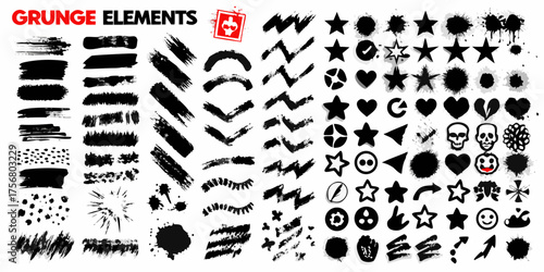 Collection of black grunge brush strokes paint splatters stars hearts skulls and other graphic design elements