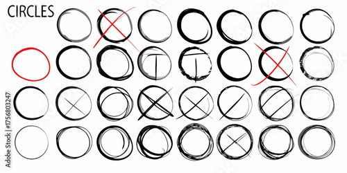 Collection of hand drawn circles with some marked with crosses and one highlighted in red