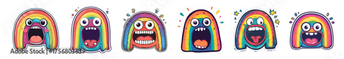  vibrant collection of six rainbow-haired monster characters, each expressing a different exaggerated emotion. Ideal for children's apps, emoji sets, or playful branding