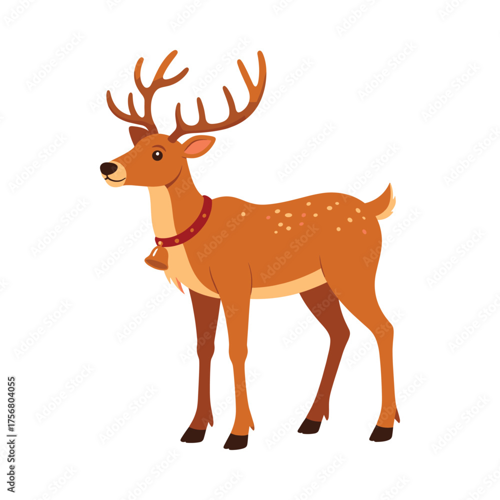 Fototapeta premium Cartoon Deer with Antlers and Red Collar with Golden Bell