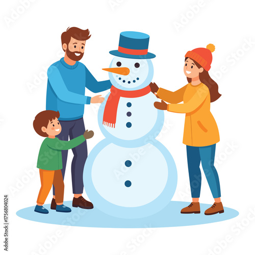 Cartoon Snowman with Blue Top Hat, Carrot Nose, and Red Scarf