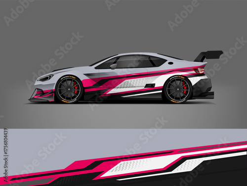 dark gray racing car wrap design accented with pink and black striping for a strong yet stylish performance look. Comes in editable vector EPS format.