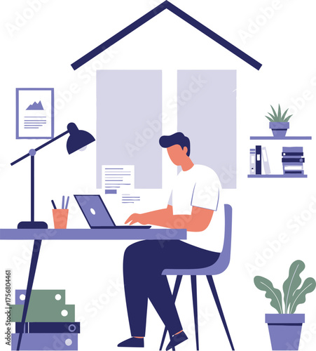 Man working remotely from home office creating content on laptop under house icon isolated on transparent background Vector