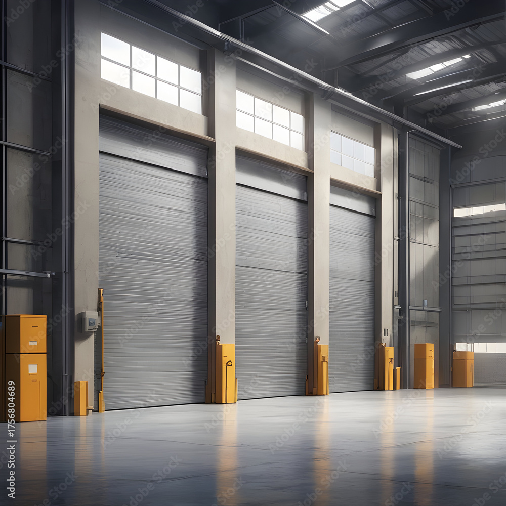 Obraz premium Modern Industrial Facility Interior Roll-Up Doors, Steel Beams, and Polished Concrete Floor