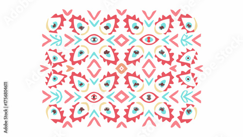 Colorful abstract pattern with eye shapes and geometric elements in a symmetrical arrangement design style silhouette