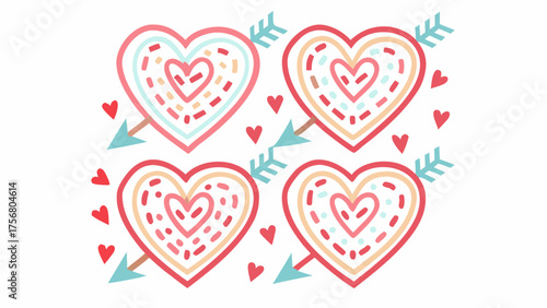 Four hearts pierced by arrows with colorful concentric lines and scattered smaller hearts pattern silhouette